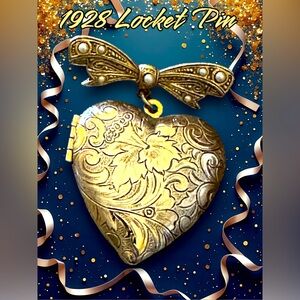 1928 Jewelry Brooch Gold Heart Locket from 1980’s